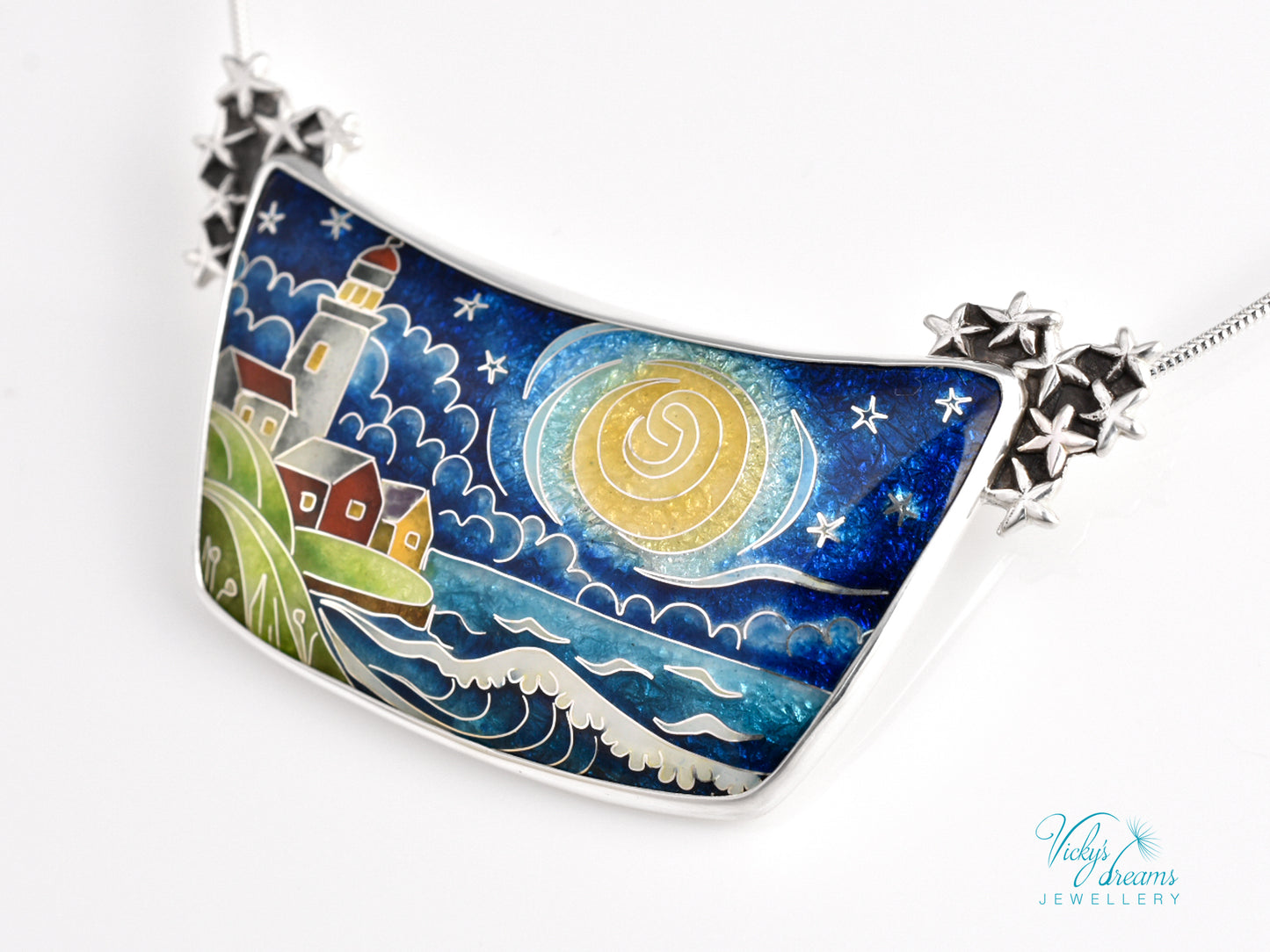 Handmade cloisonné night lighthouse pendant necklace in sterling silver
