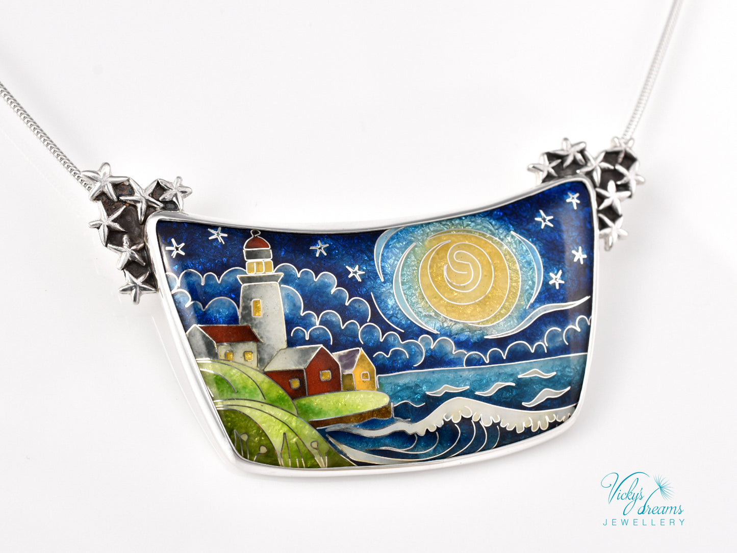 Handmade cloisonné night lighthouse pendant necklace in sterling silver