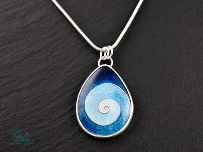 Handmade cloisonné enamel spiral pendant in blue and white, set in sterling silver