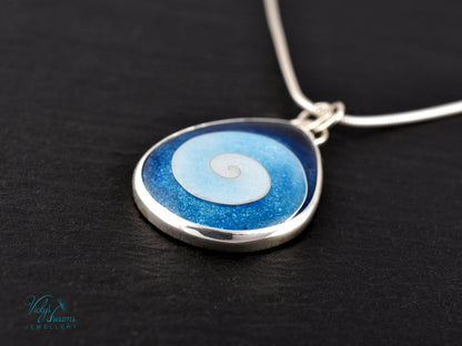 Handmade cloisonné enamel spiral pendant in blue and white, set in sterling silver
