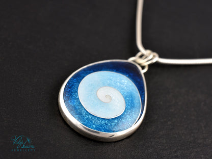 Handmade cloisonné enamel spiral pendant in blue and white, set in sterling silver