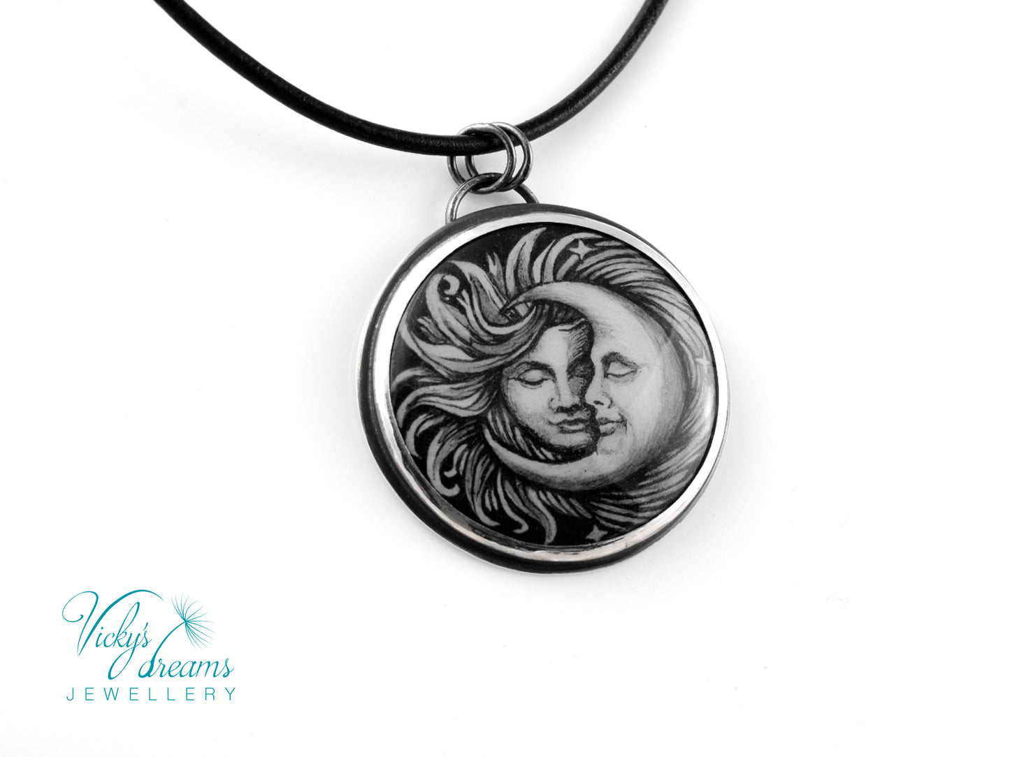Handmade Sun and Moon enamel pendant necklace in sterling silver
