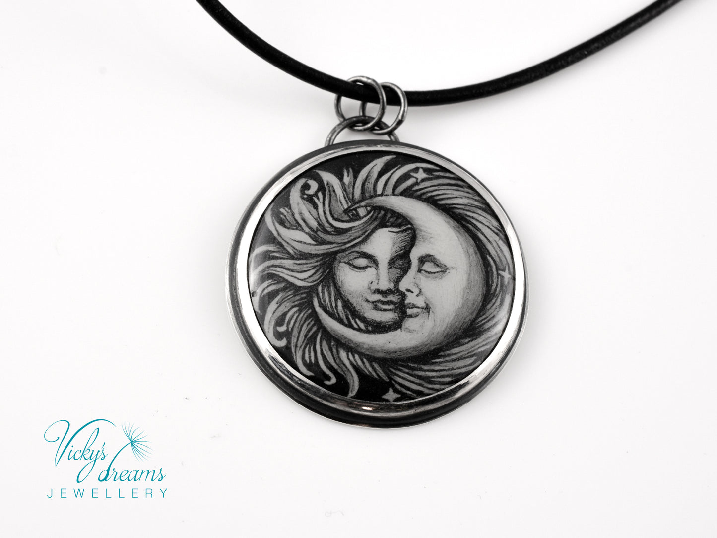 Handpainted Sun and Moon enamel pendant necklace in sterling silver
