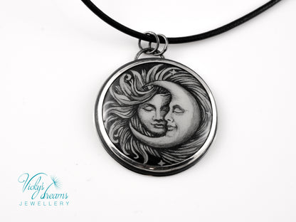 Handpainted Sun and Moon enamel pendant necklace in sterling silver