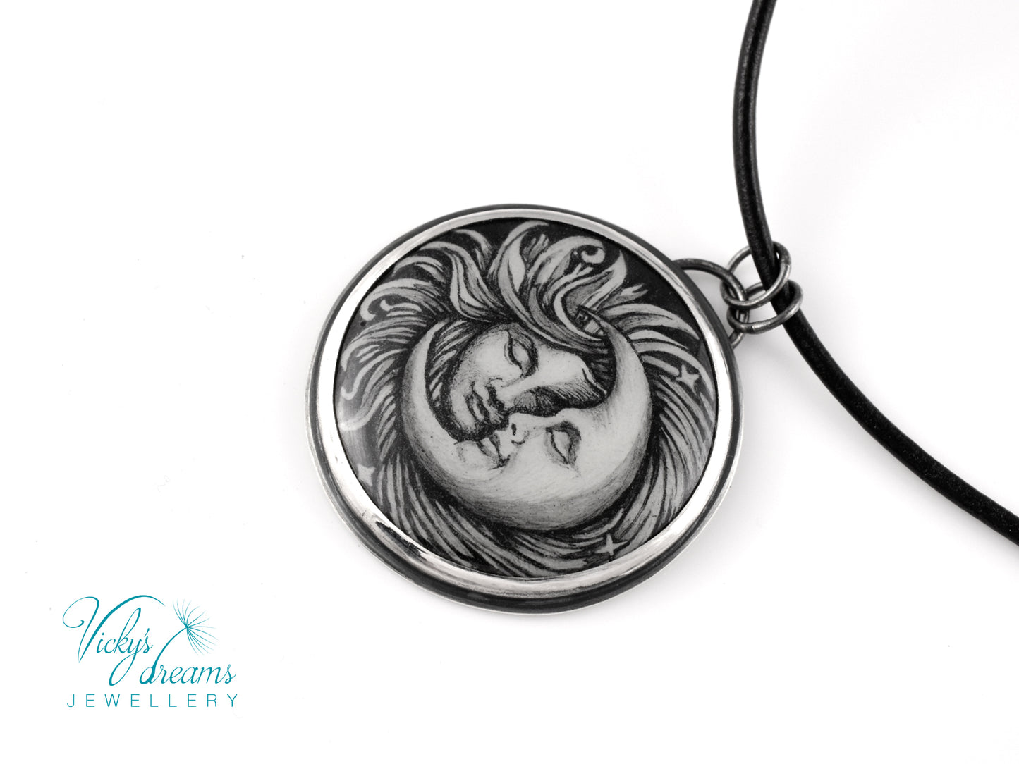 Handpainted Sun and Moon enamel pendant necklace in sterling silver