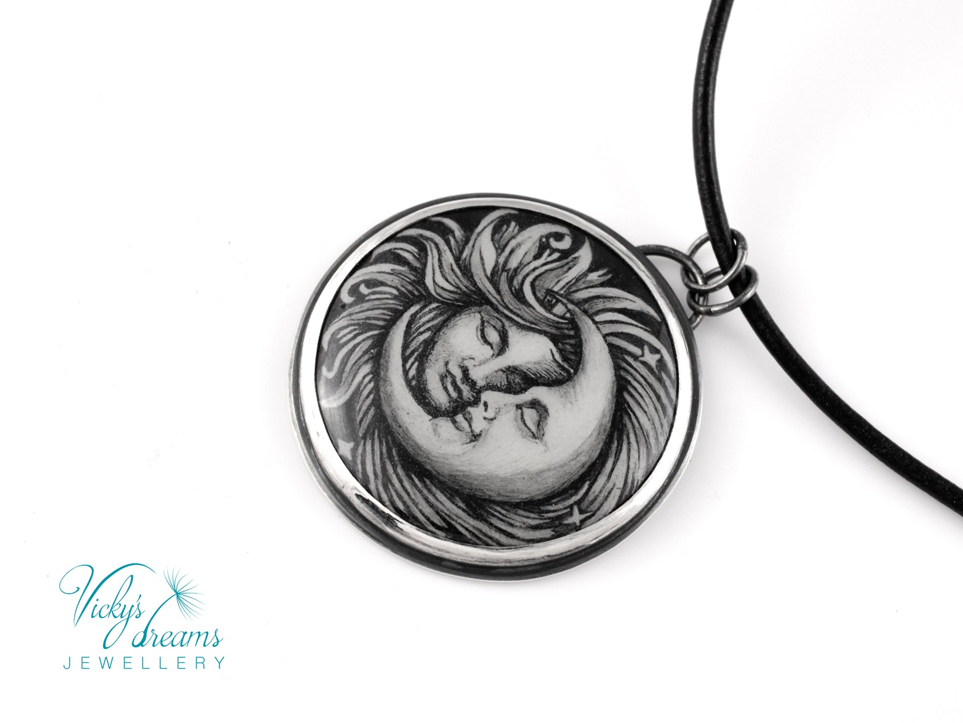 Handpainted Sun and Moon enamel pendant necklace in sterling silver