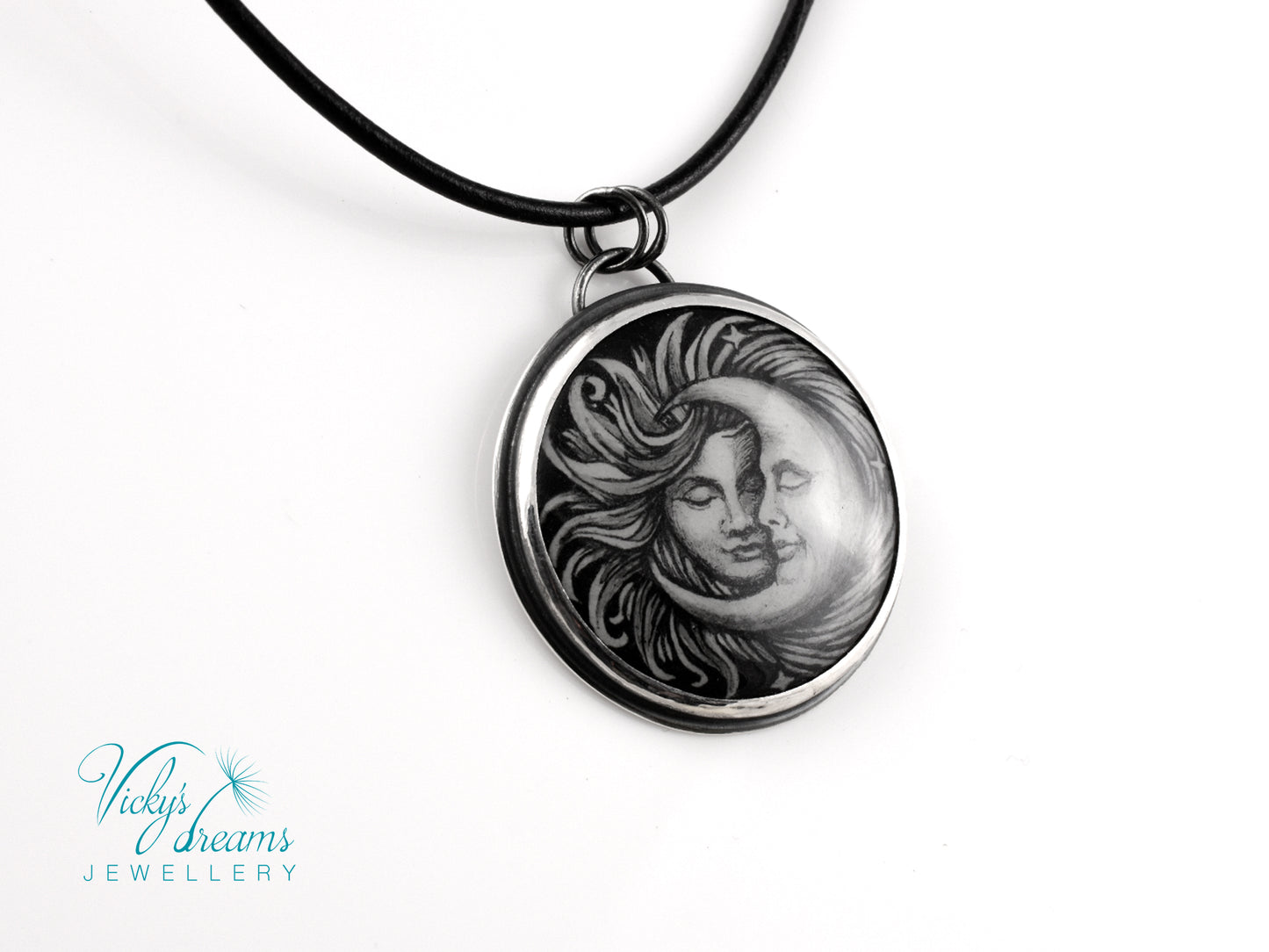 Handpainted Sun and Moon enamel pendant necklace in sterling silver