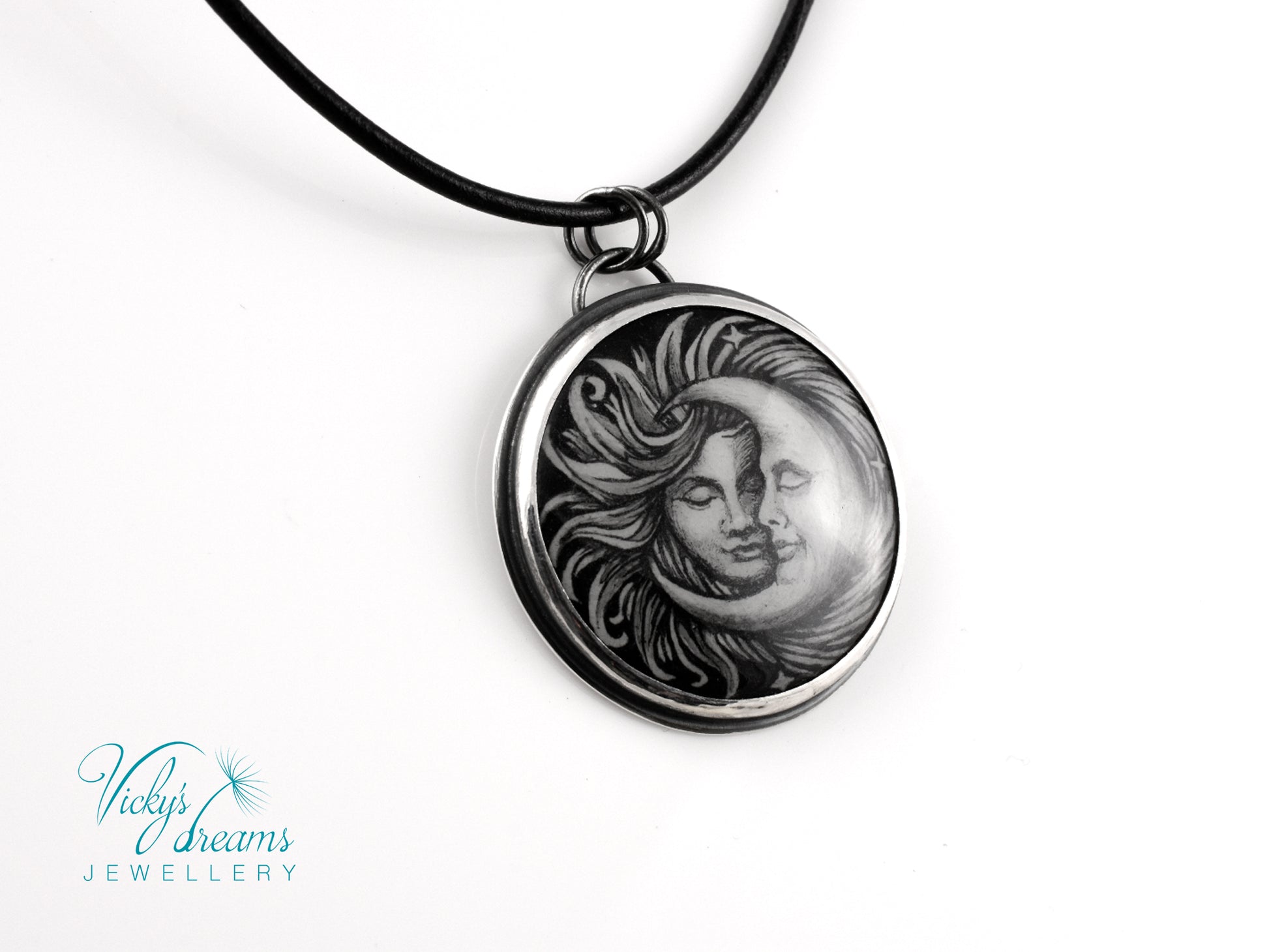 Handpainted Sun and Moon enamel pendant necklace in sterling silver