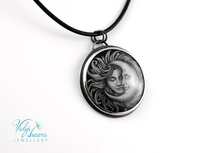 Handpainted Sun and Moon enamel pendant necklace in sterling silver