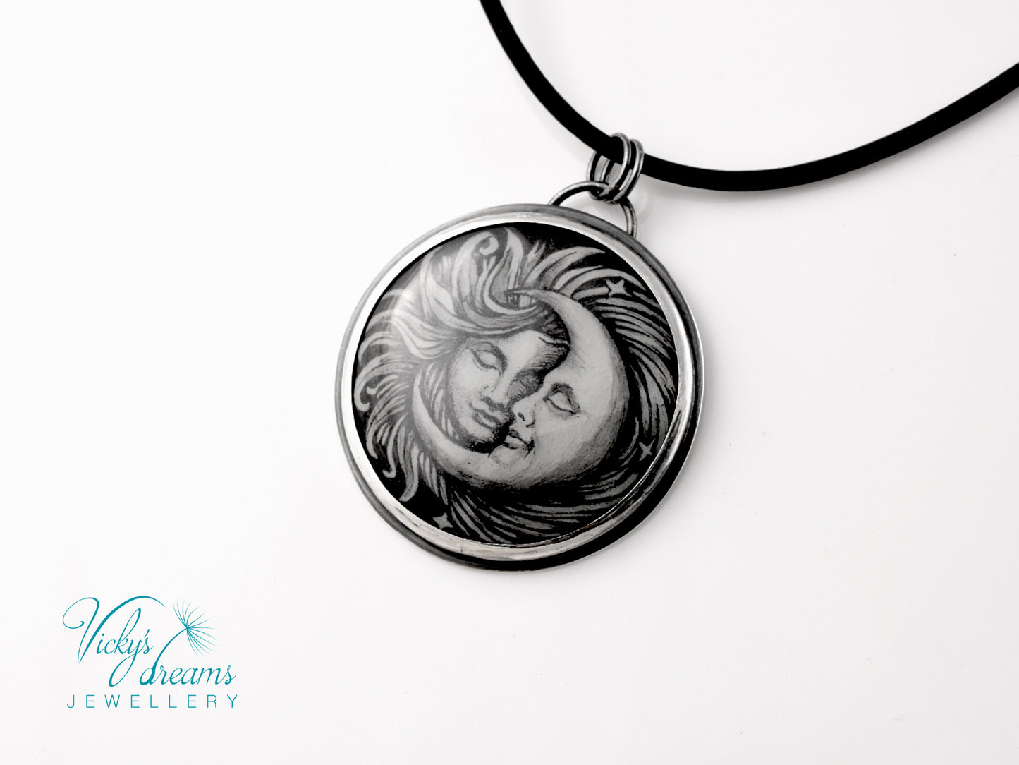 Handpainted Sun and Moon enamel pendant necklace in sterling silver