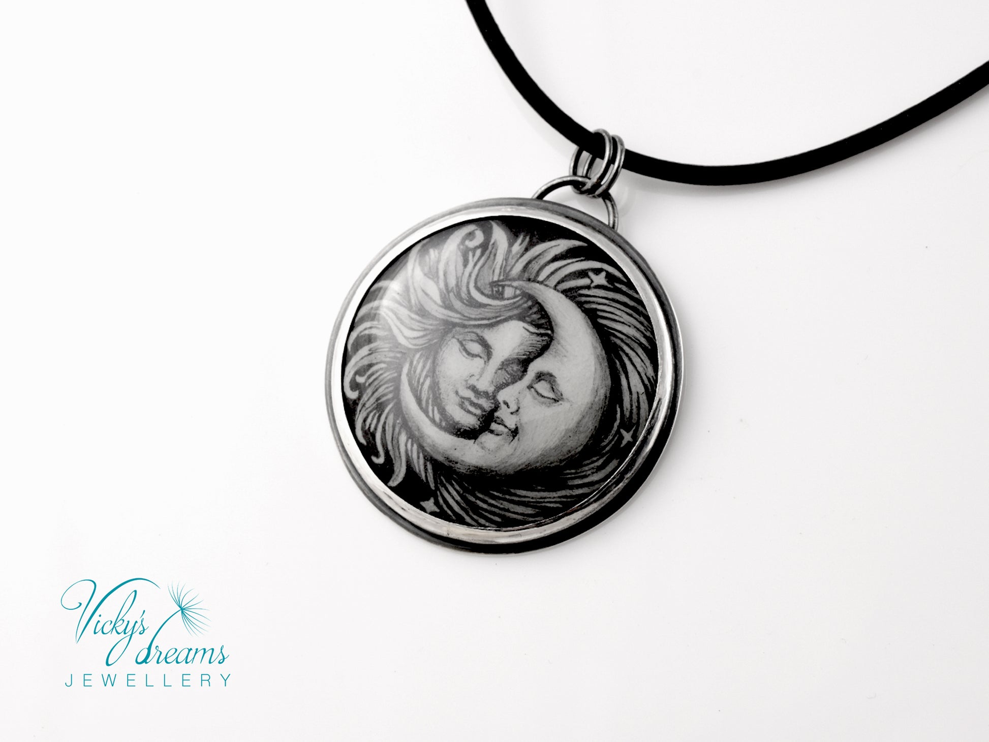 Handpainted Sun and Moon enamel pendant necklace in sterling silver