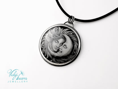 Handpainted Sun and Moon enamel pendant necklace in sterling silver