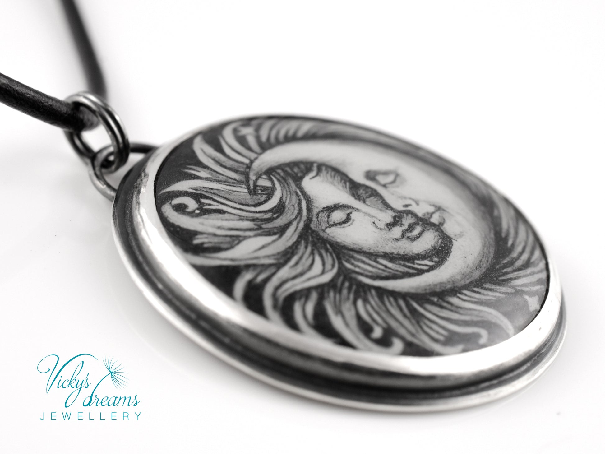 Handpainted Sun and Moon enamel pendant necklace in sterling silver