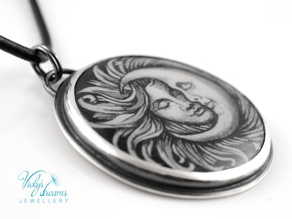 Handpainted Sun and Moon enamel pendant necklace in sterling silver