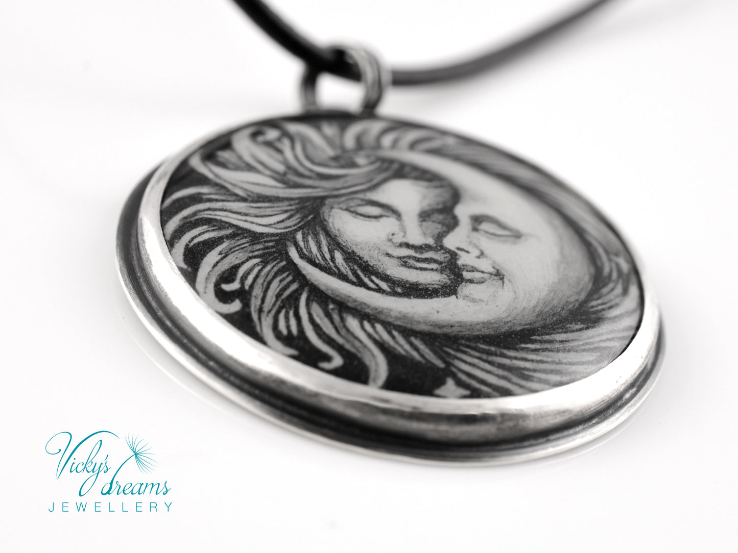 Handpainted Sun and Moon enamel pendant necklace in sterling silver
