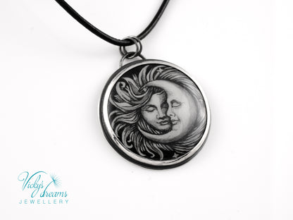 Handpainted Sun and Moon enamel pendant necklace in sterling silver