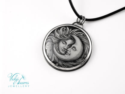 Handpainted Sun and Moon enamel pendant necklace in sterling silver