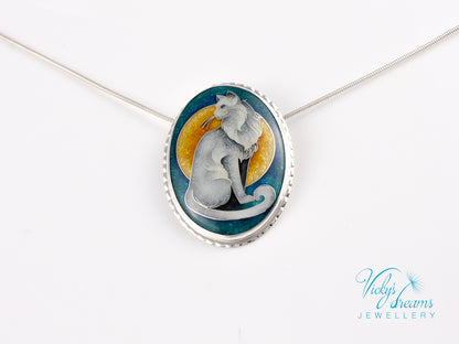 Handcrafted cloisonné cat pendant necklace with vibrant turquoise and yellow enamel