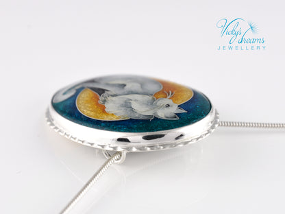 Handcrafted cloisonné cat pendant necklace with vibrant turquoise and yellow enamel