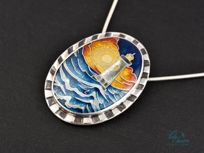 Sunset Lighthouse Cloisonné enamel pendant