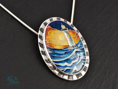 Sunset Lighthouse Cloisonné enamel pendant