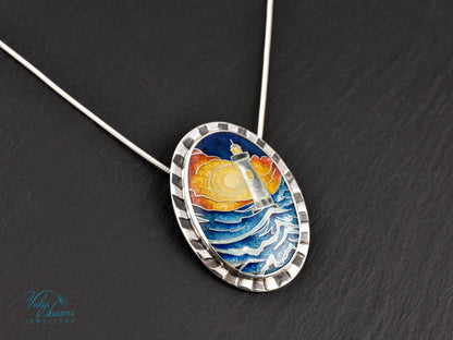 Sunset Lighthouse Cloisonné enamel pendant