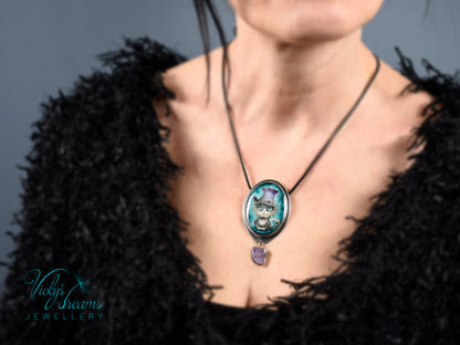 Handcrafted tabby cat pendant with cloisonné enamel and amethyst stone