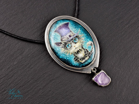Handcrafted tabby cat pendant with cloisonné enamel and amethyst stone
