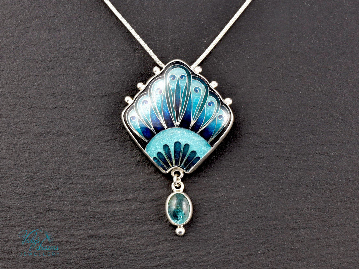 Handmade cloisonné turquoise fan pendant with Paraiba Apatite in sterling silver