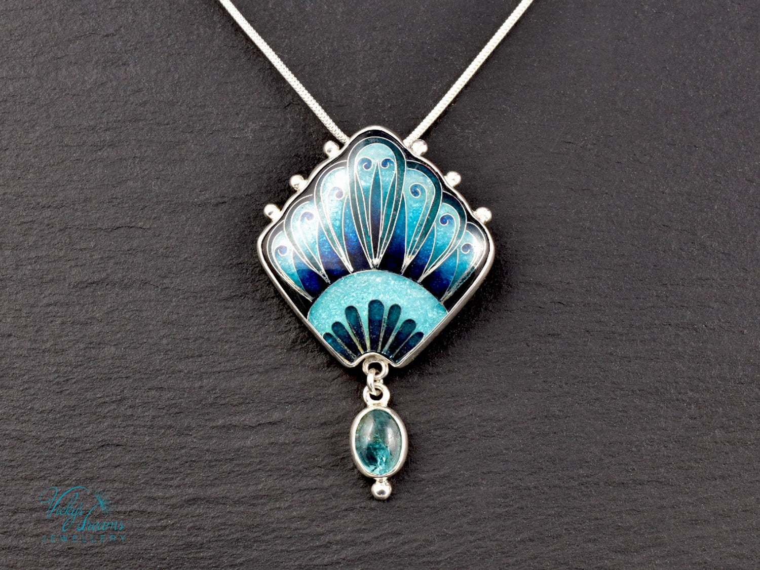 Handmade cloisonné turquoise fan pendant with Paraiba Apatite in sterling silver