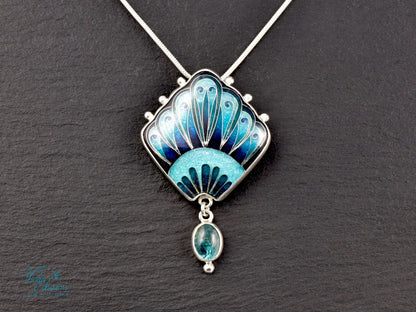 Handmade cloisonné turquoise fan pendant with Paraiba Apatite in sterling silver