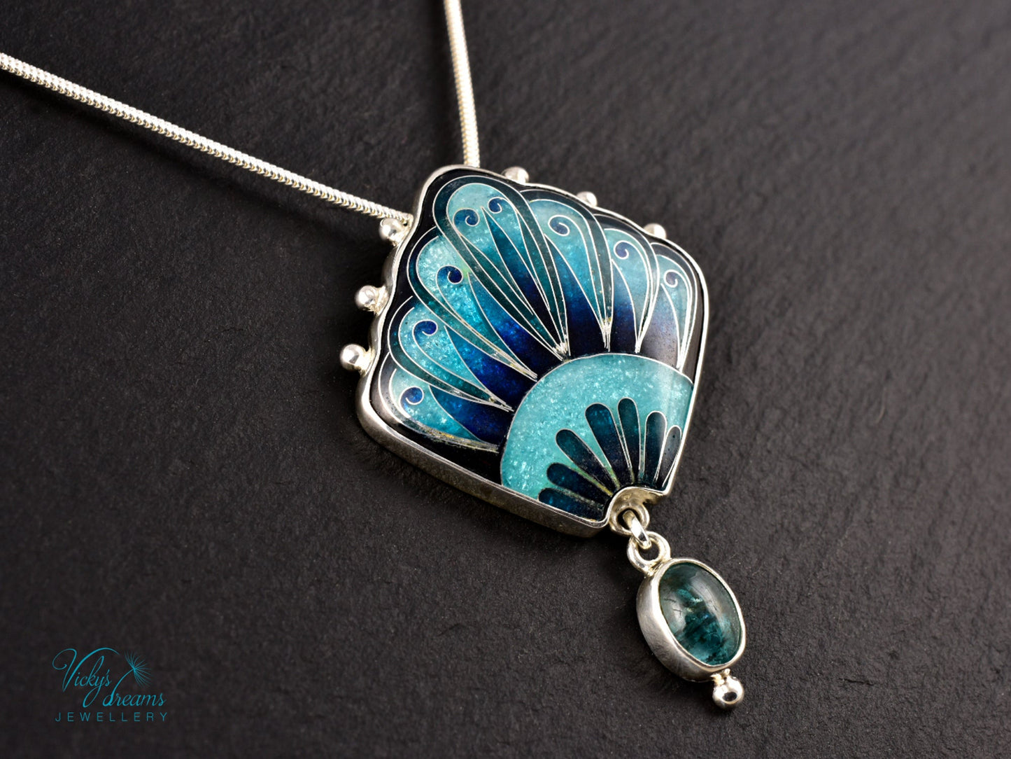 Handmade cloisonné turquoise fan pendant with Paraiba Apatite in sterling silver