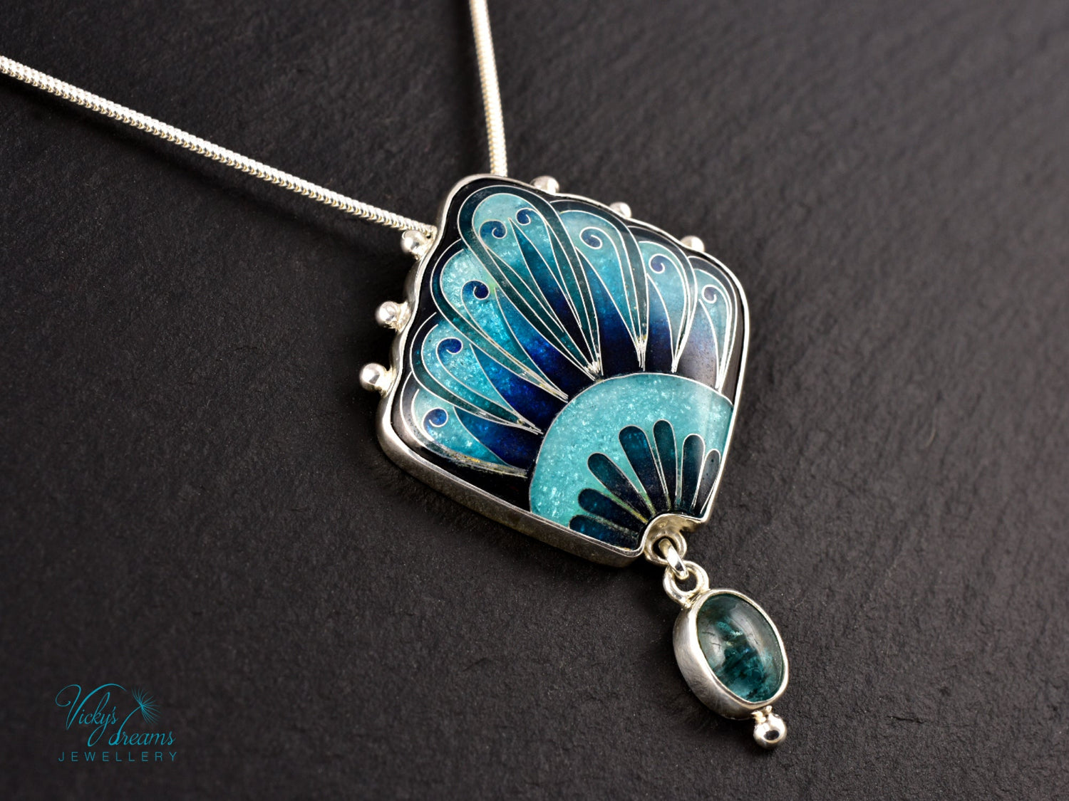 Handmade cloisonné turquoise fan pendant with Paraiba Apatite in sterling silver