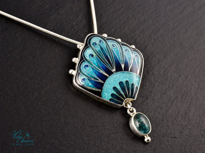 Handmade cloisonné turquoise fan pendant with Paraiba Apatite in sterling silver