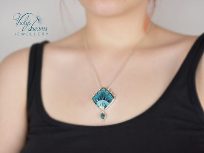Handmade cloisonné turquoise fan pendant with Paraiba Apatite in sterling silver