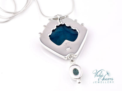 Handmade cloisonné turquoise fan pendant with Paraiba Apatite in sterling silver