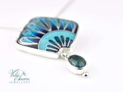 Handmade cloisonné turquoise fan pendant with Paraiba Apatite in sterling silver