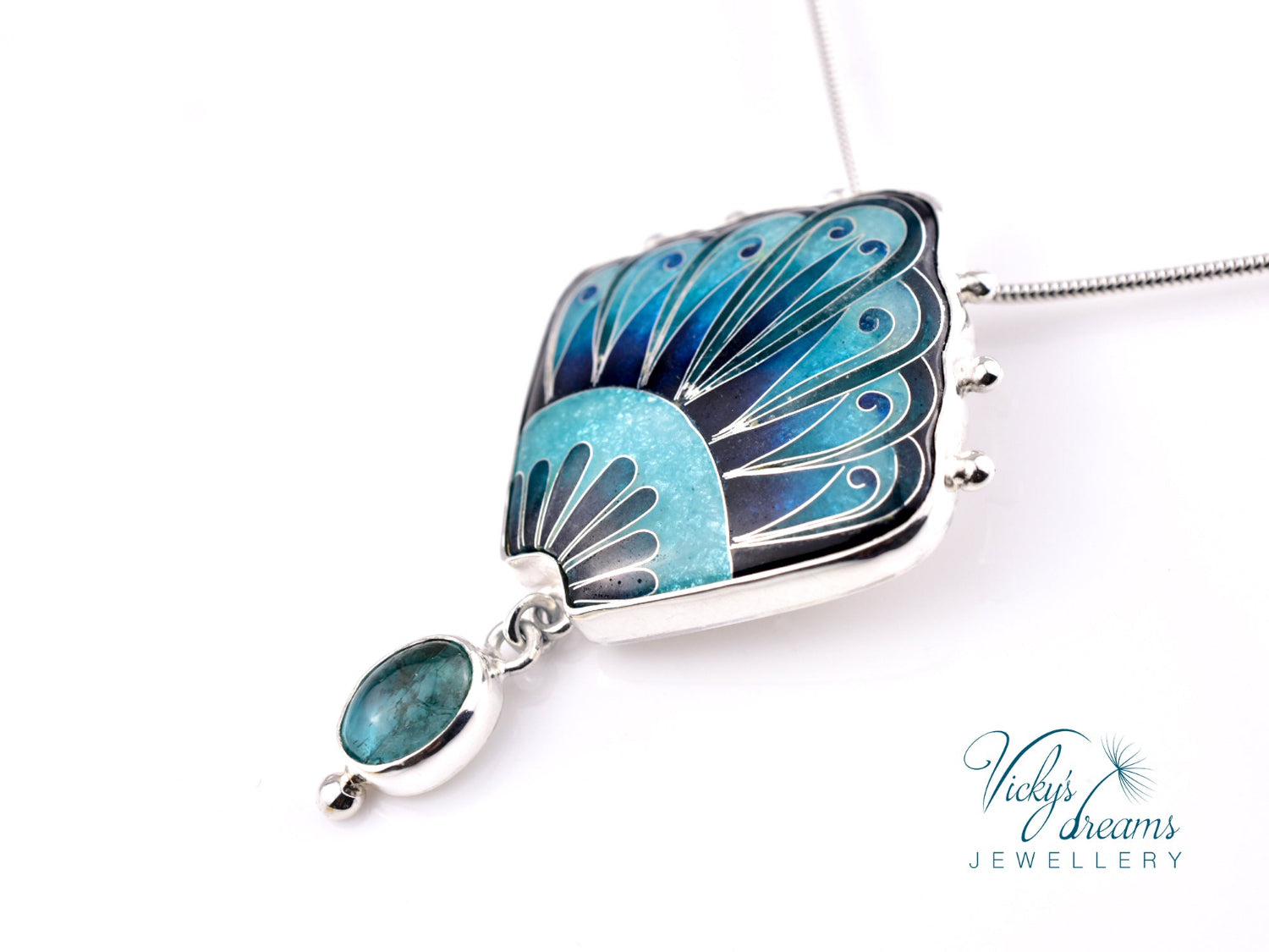 Handmade cloisonné turquoise fan pendant with Paraiba Apatite in sterling silver