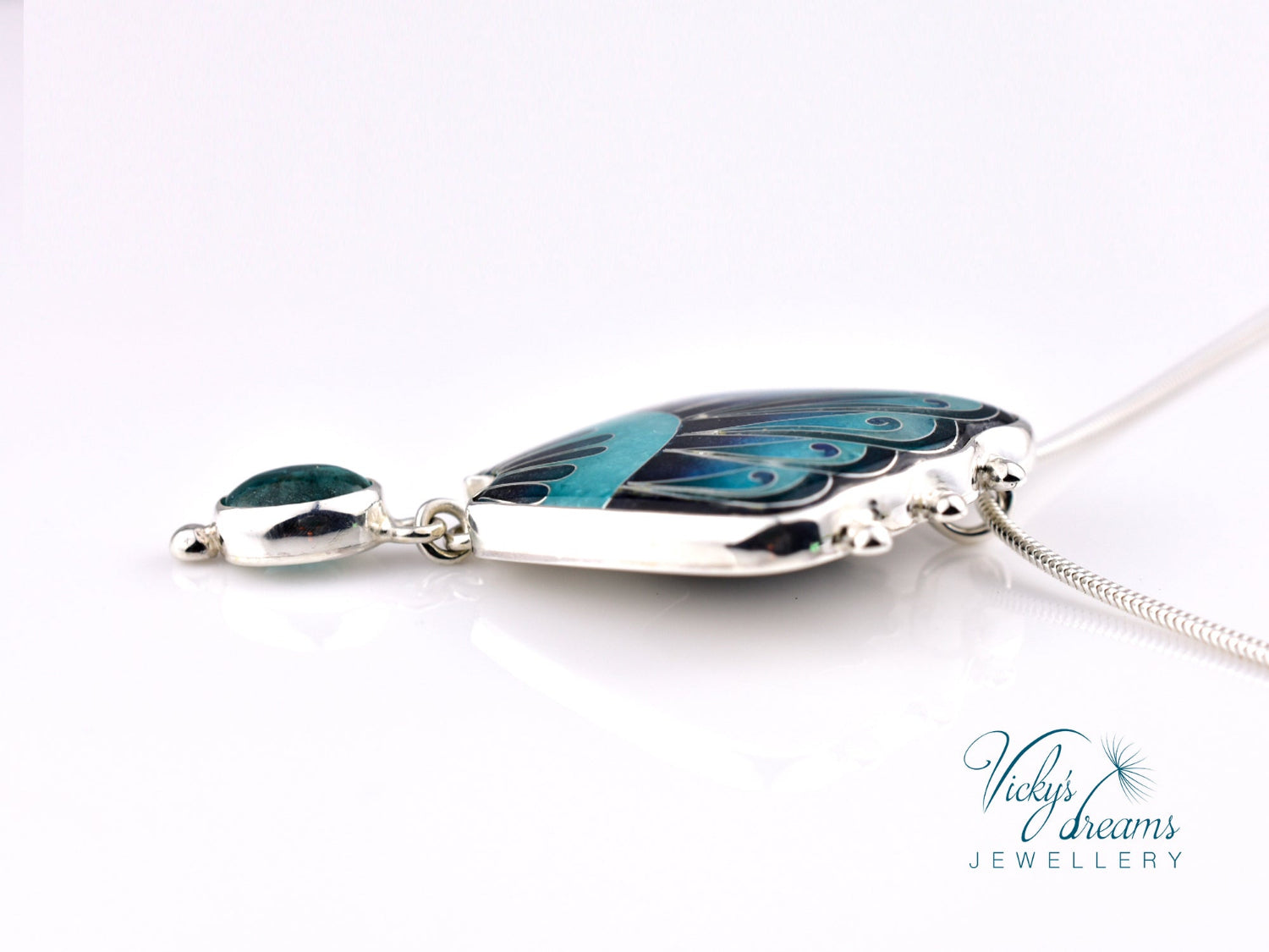 Handmade cloisonné turquoise fan pendant with Paraiba Apatite in sterling silver