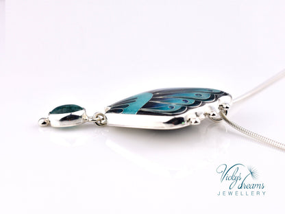 Handmade cloisonné turquoise fan pendant with Paraiba Apatite in sterling silver