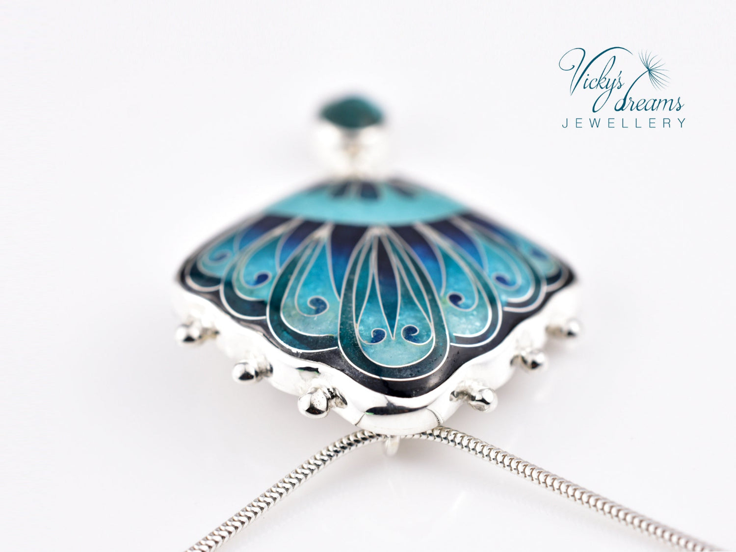 Handmade cloisonné turquoise fan pendant with Paraiba Apatite in sterling silver