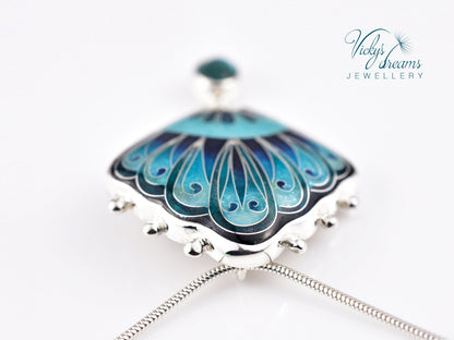 Handmade cloisonné turquoise fan pendant with Paraiba Apatite in sterling silver