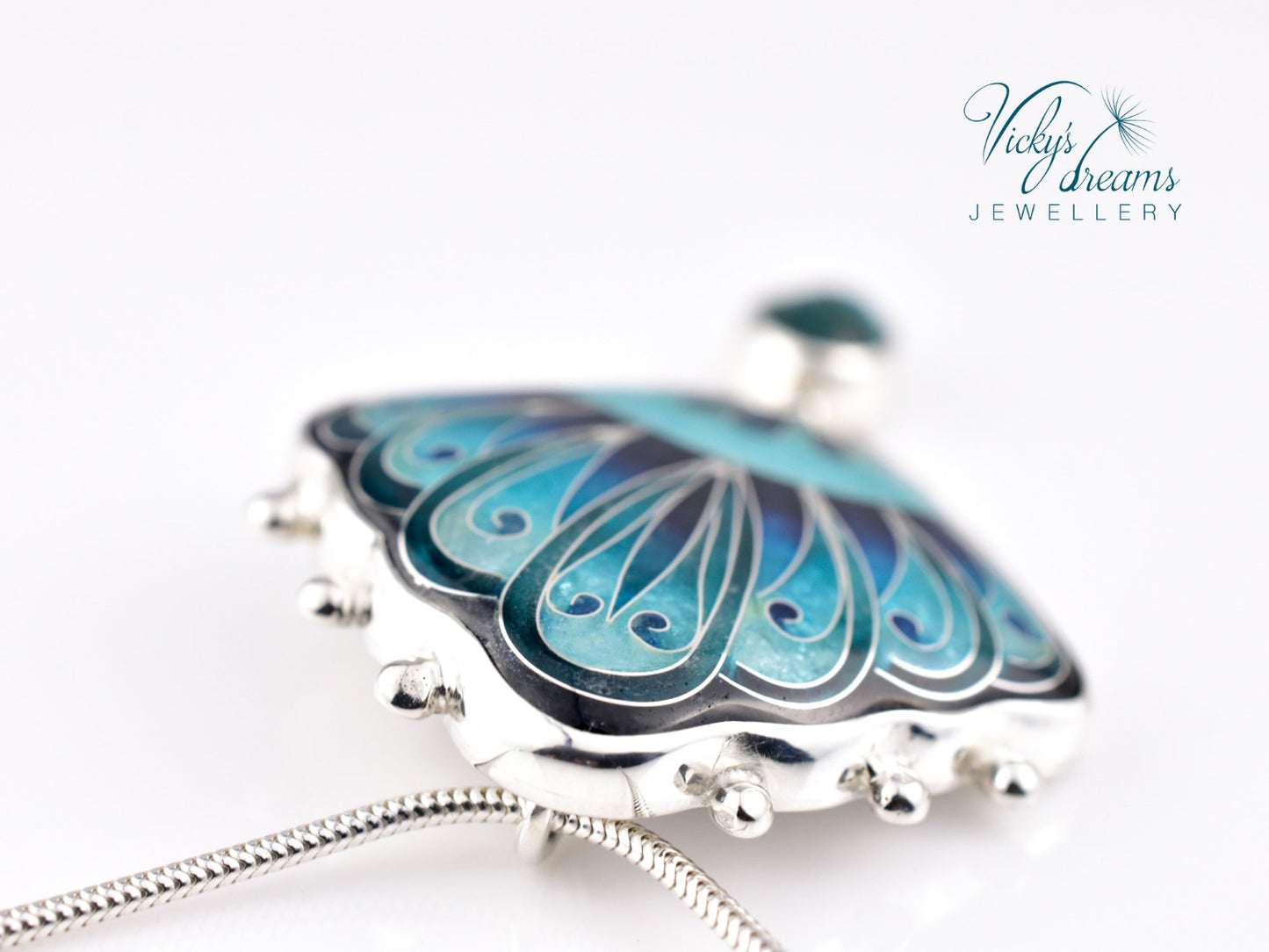 Handmade cloisonné turquoise fan pendant with Paraiba Apatite in sterling silver