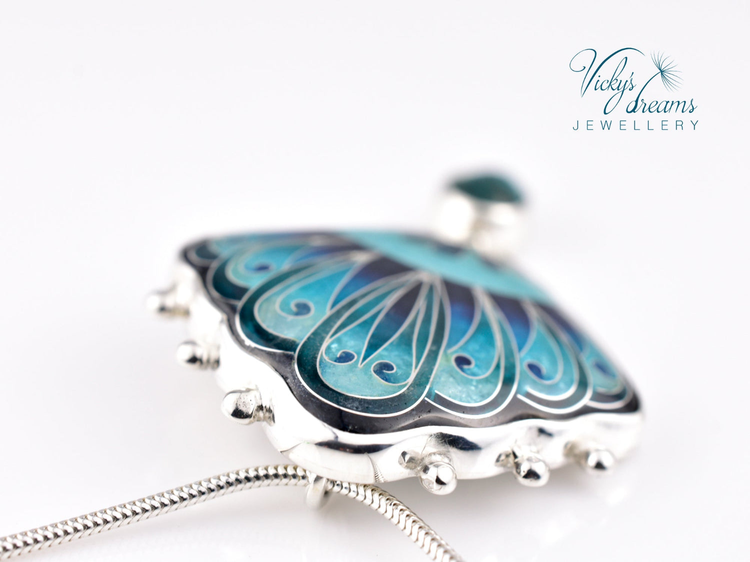 Handmade cloisonné turquoise fan pendant with Paraiba Apatite in sterling silver