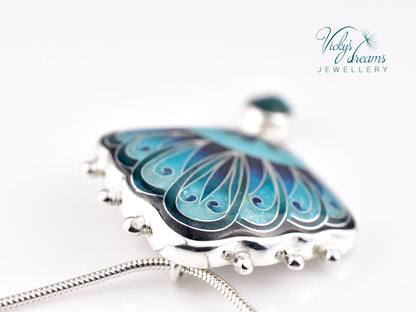 Handmade cloisonné turquoise fan pendant with Paraiba Apatite in sterling silver