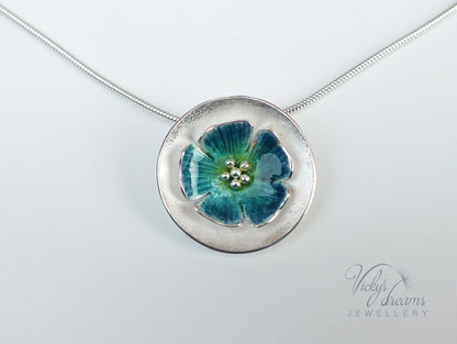 Vibrant color, flower, fine silver enamel necklace