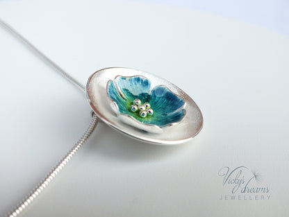 Vibrant color, flower, fine silver enamel necklace