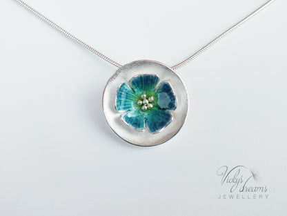 Vibrant color, flower, fine silver enamel necklace
