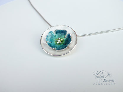 Vibrant color, flower, fine silver enamel necklace