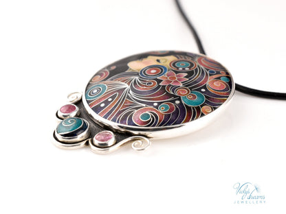 Handmade cloisonné Moon Dream enamel pendant with tourmaline gemstones in oxidized sterling silver